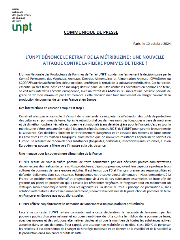 UNPT_FRANCE's tweet photo. Trop c'est trop ! 🚨 L'UNPT dénonce le retrait de la #Métribuzine, un herbicide essentiel pour la filière pommes de terre 🥔. Ces décisions en cascade depuis des mois mettent en péril la production en France et en Europe. Il est temps que l'État 🇫🇷 agisse clairement pour préserver notre #SouverainetéAlimentaire ! Notre CP ⬇️