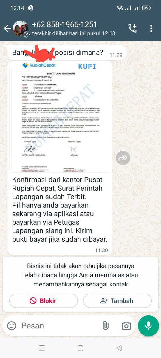 sapuliedi's tweet photo. Aktivitas pinjol rupiah cepat melakukan pembohongan kpd nasabah dan membuat surat palsu nomer dc 085819661251 saya lebih pilih gak bayar
#PercumaLaporOjk https://t.co/wzKSFZ1HMS