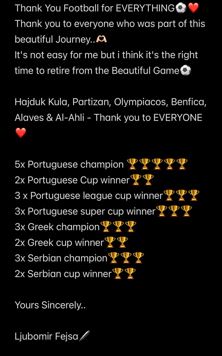 FejsaOfficial's tweet photo. THANK YOU⚽️❤️

#Hajduk #Partizan #Olympiacos #Benfica #Alaves #AlAhli ❤️ https://t.co/VHOLIPhWXj