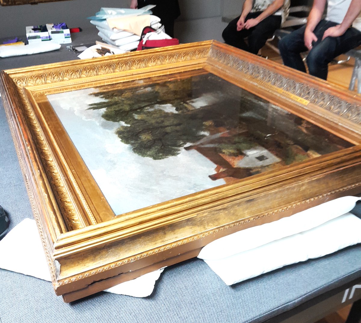 ConservationBob's tweet image. Ipswich Museum Conservation. Couriering, condition reporting and readying for display some of our Constables lent to the National Gallery for their new exhibition. The Mill Stream, Kitchen Garden, Flower Garden, Willy Lott's House, and a model of the East Bergholt singers 1800.