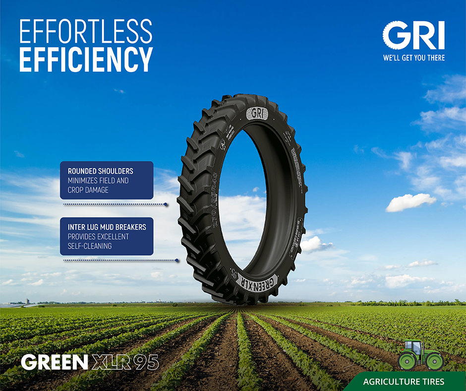 GRI_Tires's tweet photo. Boost your row crop tractor performance with GRI's GREEN XLR 95!

This Agriculture Tire protects your crops with rounded shoulders and self-cleaning inter lug mud breakers for effortless efficiency.

#GRI #SpecialtyTires #AgricultureTires #GREENXLR9 https://t.co/rKmLE14l4W