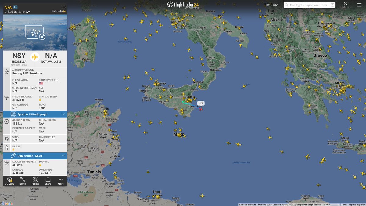 AIYeyENGDdJkjTr's tweet photo. Oct. 10, 2024
#Naval Air Station Sigonella #Mediterranean Sea #Israel-Lebanon-Syria offshore

#NoCALLSIGN #AE689A USN P-8A Poseidon https://t.co/v72xzEHTm4