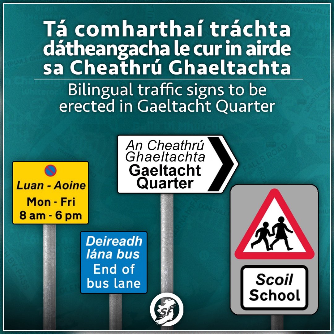 sinnfeinireland's tweet photo. 🙌🏼 Infrastructure Minister John O’Dowd has announced bilingual traffic signage will be erected in the Gaeltacht Quarter in Belfast.

D'fhógair an Aire Bonneagair, John O'Dowd go bhfuil comharthaíocht dhátheangach le cur in airde i gCeathrú Ghaeltachta Bhéal Feirste. https://t.co/UAsfu78JBX