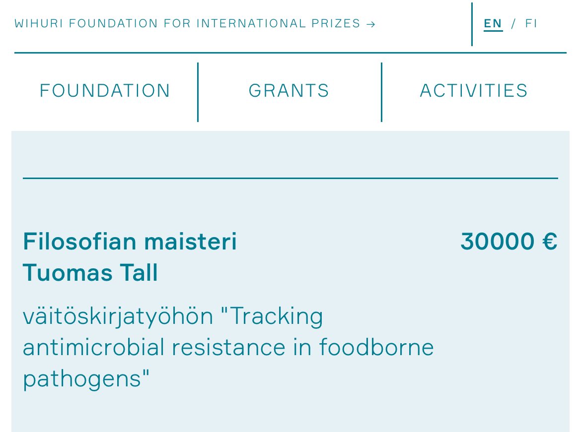 Pere Puigbò (@ppuigbo) on Twitter photo I’m incredibly grateful to the <a href="/wihurinrahasto/">Wihurin rahasto</a> foundation for supporting my PhD student’s project on ‘Antimicrobial Resistance in Foodborne Pathogens.’ Well done, Tuomas! 👏 👏
#WihuriFoundation #WihuriFoundation2024 I’m incredibly grateful to the <a href="/wihurinrahasto/">Wihurin rahasto</a> foundation for supporting my PhD student’s project on ‘Antimicrobial Resistance in Foodborne Pathogens.’ Well done, Tuomas! 👏 👏
#WihuriFoundation #WihuriFoundation2024