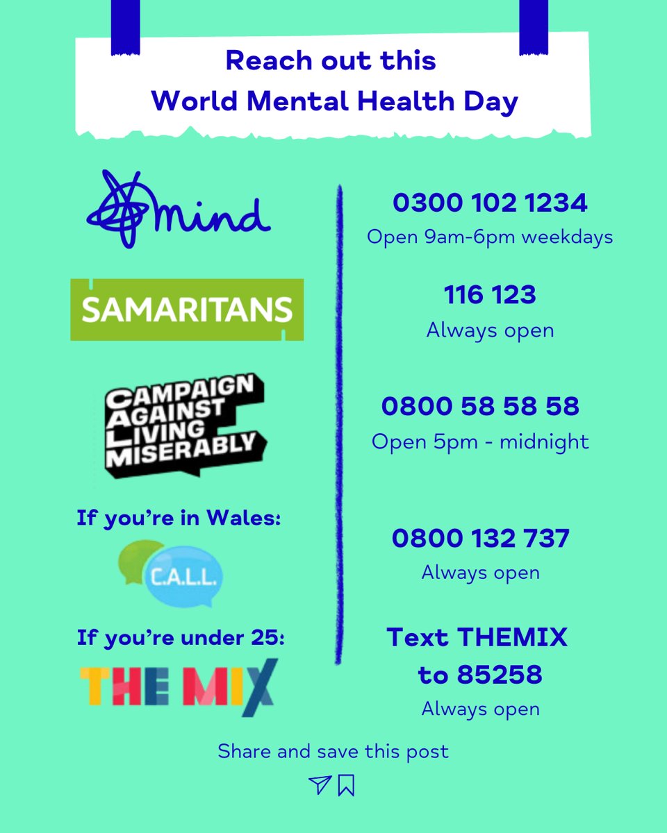 The <a href="/LibDems/">Liberal Democrats</a> have been campaigning to treat mental health as equal to physical health.

Please reach out if you're not feeling OK. See useful contacts in 2nd image.

It's time to end the stigma!

This World Mental Health Day we wish you peace &amp; good mental health 💚