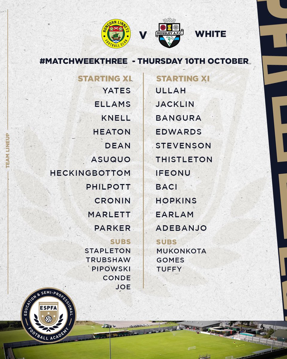 ESPFA (@espfacademy) on Twitter photo #MatchweekThree team line-ups.
ESPFA Cheshire (<a href="/RuncornLinnets/">Runcorn Linnets FC</a>) v ESPFA Greater Manchester (<a href="/MossleyAFC/">Mossley AFC</a> White) #MatchweekThree team line-ups.
ESPFA Cheshire (<a href="/RuncornLinnets/">Runcorn Linnets FC</a>) v ESPFA Greater Manchester (<a href="/MossleyAFC/">Mossley AFC</a> White)