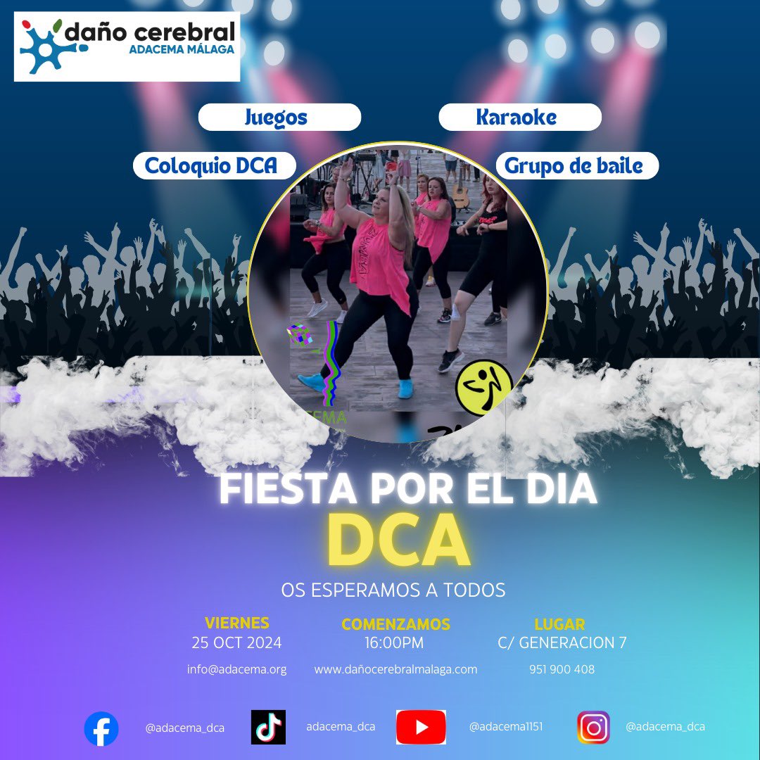 Fiesta por el día del DCA, de ADACEMA.

Día 25 de Octubre viernes a partir de las 16:00h, en calle Generación 7, Barriada el Tarajal. Para más información contacta en el 951900408

Karaoke, baile, juegos y coloquio con profesionales.