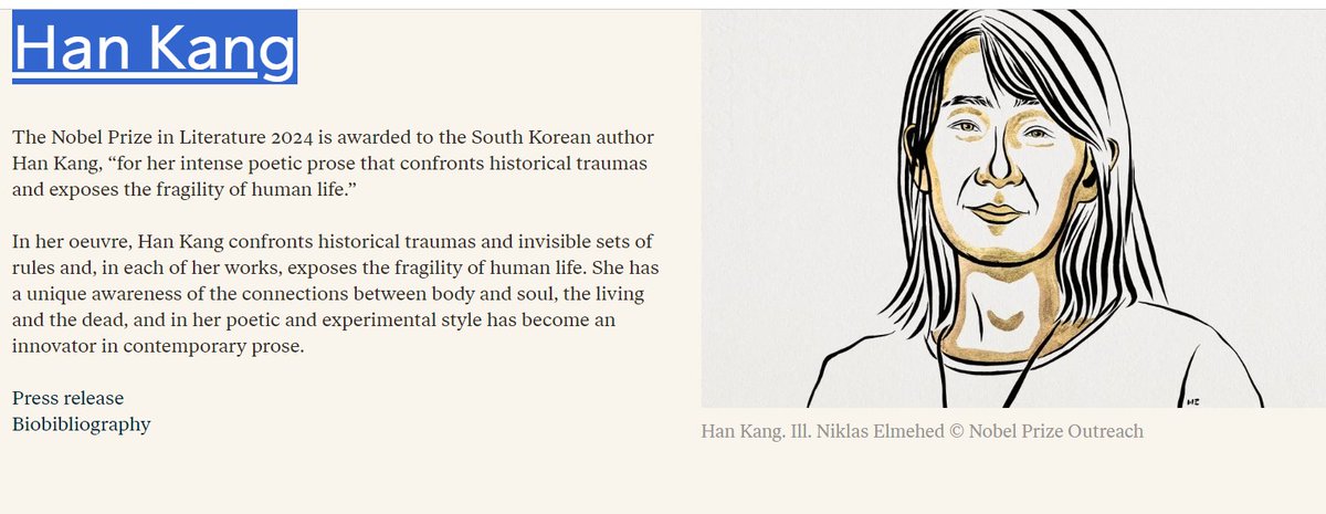 Y el Premio Nobel de Literatura 2024 es para 
Han Kang #nobelprizeforliterature