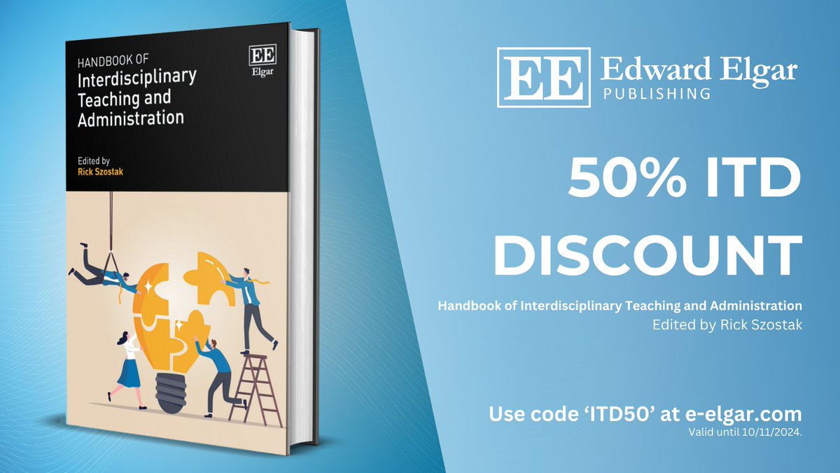 👋Attending #ITD24 between the 4-8 November 2024?

We are offering 50% off the Handbook of Interdisciplinary Teaching and Administration by <a href="/rickszostak/">Rick Szostak</a> using code 'ITD50' at e-elgar.com/shop/isbn/9781… 

#Interdisciplinarity #Education #Discount 
<a href="/itd_alliance/">ITD Alliance</a>
<a href="/tdnetCH/">td-net</a>