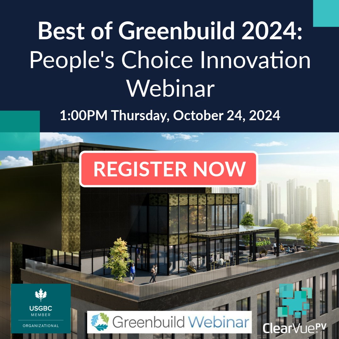 ClearVue PV (@clearvuepv) on Twitter photo <a href="/ClearVuePV/">ClearVue PV</a> will be highlighted in the Best of <a href="/Greenbuild/">Greenbuild</a> 2024 Webinar. Register now to attend and vote for the top Greenbuild Innovation of 2024 on Thursday, October 24 at 1:00 PM East.
Register now and vote for ClearVue: hubs.ly/Q02STTYw0 <a href="/ClearVuePV/">ClearVue PV</a> will be highlighted in the Best of <a href="/Greenbuild/">Greenbuild</a> 2024 Webinar. Register now to attend and vote for the top Greenbuild Innovation of 2024 on Thursday, October 24 at 1:00 PM East.
Register now and vote for ClearVue: hubs.ly/Q02STTYw0
