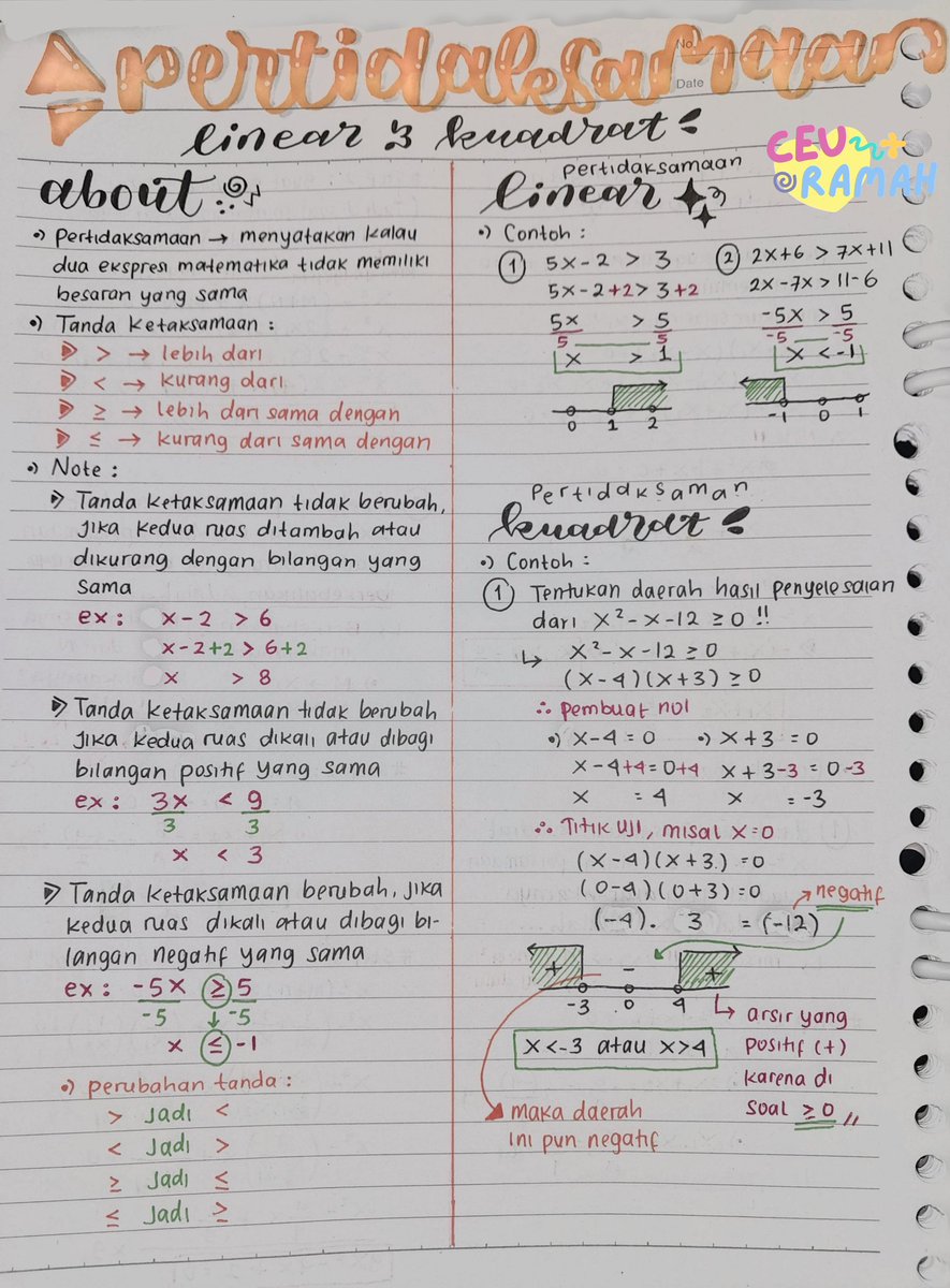 ceuramah's tweet image. 🎒📚*:・ pertidaksamaan linear & kuadrat
𓇼𓏲 source by quipper & alternatifa project
catatan by #ceuramah & please cmiiw🧡