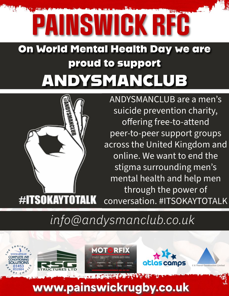 Painswick RFC (@painswickrfc) on Twitter photo On #WorldMentalHealthDay we are supporting <a href="/andysmanclubuk/">#ANDYSMANCLUB</a> A fantastic charity that aims to eliminate the stigma around men's mental health and create a judgment-free, confidential space where men can be open about the storms in their lives.
#ITSOKAYTOTALK #THATONEMAN On #WorldMentalHealthDay we are supporting <a href="/andysmanclubuk/">#ANDYSMANCLUB</a> A fantastic charity that aims to eliminate the stigma around men's mental health and create a judgment-free, confidential space where men can be open about the storms in their lives.
#ITSOKAYTOTALK #THATONEMAN