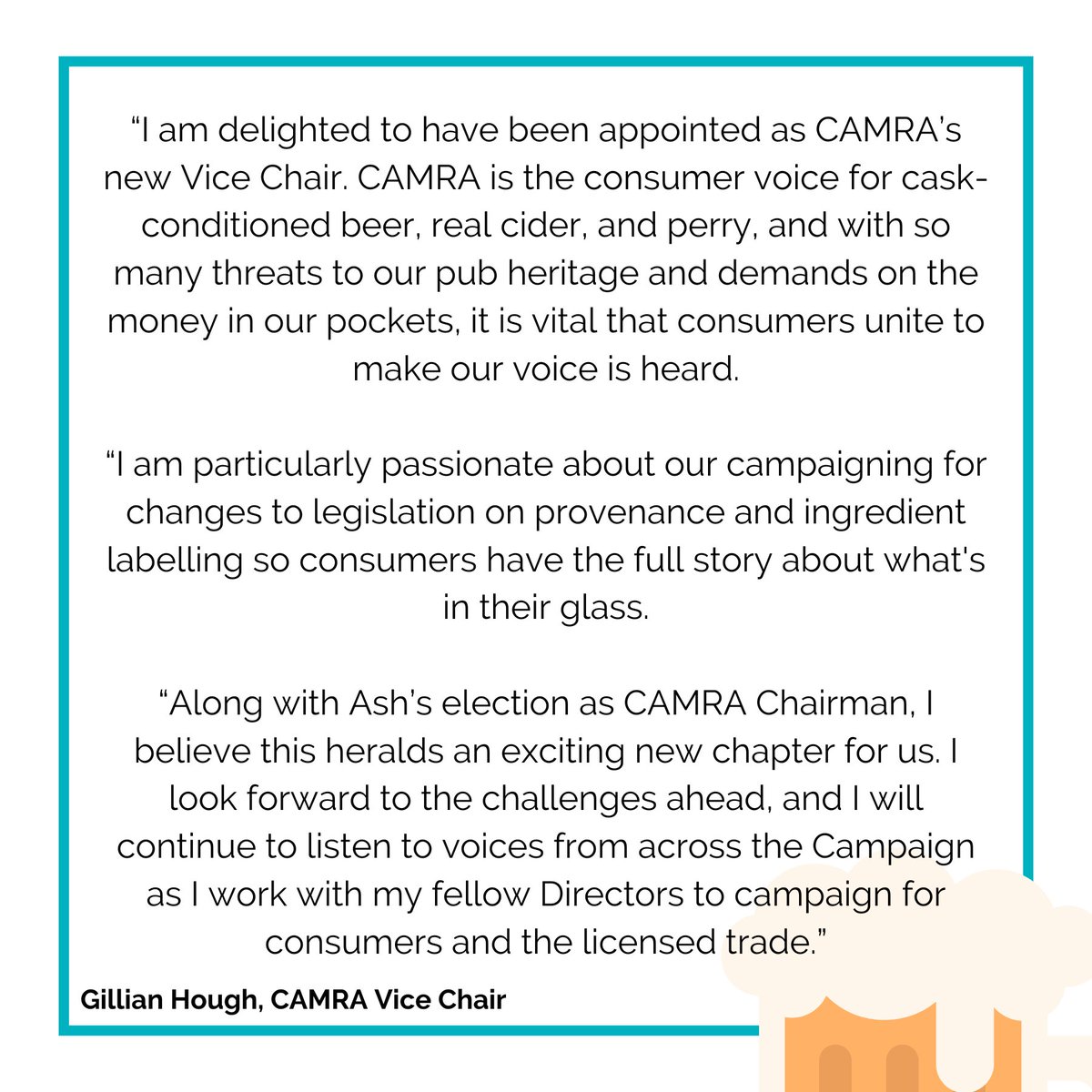 CAMRA (@camra_official) on Twitter photo ๐ Introducing our new Vice Chair, Gillian Hough!
๐ We are pleased to announce that Gillian Hough (<a href="/gillyinthepub/">Gillian Hough</a>) is the new Vice Chair of the Campaign, replacing Ash Corbett-Collins following his election as Chairman.
๐ Read the press release here: ow.ly/iA1X50TIFSq ๐ Introducing our new Vice Chair, Gillian Hough!
๐ We are pleased to announce that Gillian Hough (<a href="/gillyinthepub/">Gillian Hough</a>) is the new Vice Chair of the Campaign, replacing Ash Corbett-Collins following his election as Chairman.
๐ Read the press release here: ow.ly/iA1X50TIFSq