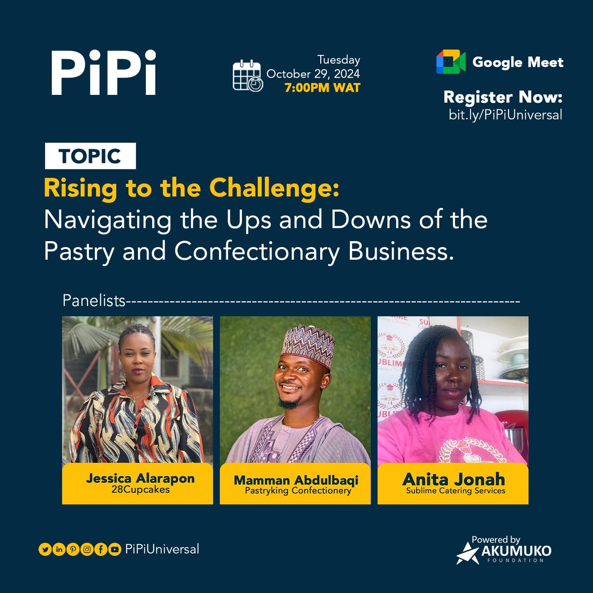PiPiUniversal's tweet image. Join us on Tuesday, October 29, 2024 for an insightful conversation on, “Rising to the Challenge: Navigating the Ups and Downs of the Pastry and Confectionary Business.”

Our amazing panelists will be sharing deep insights from their experiences in the business world. 1/2