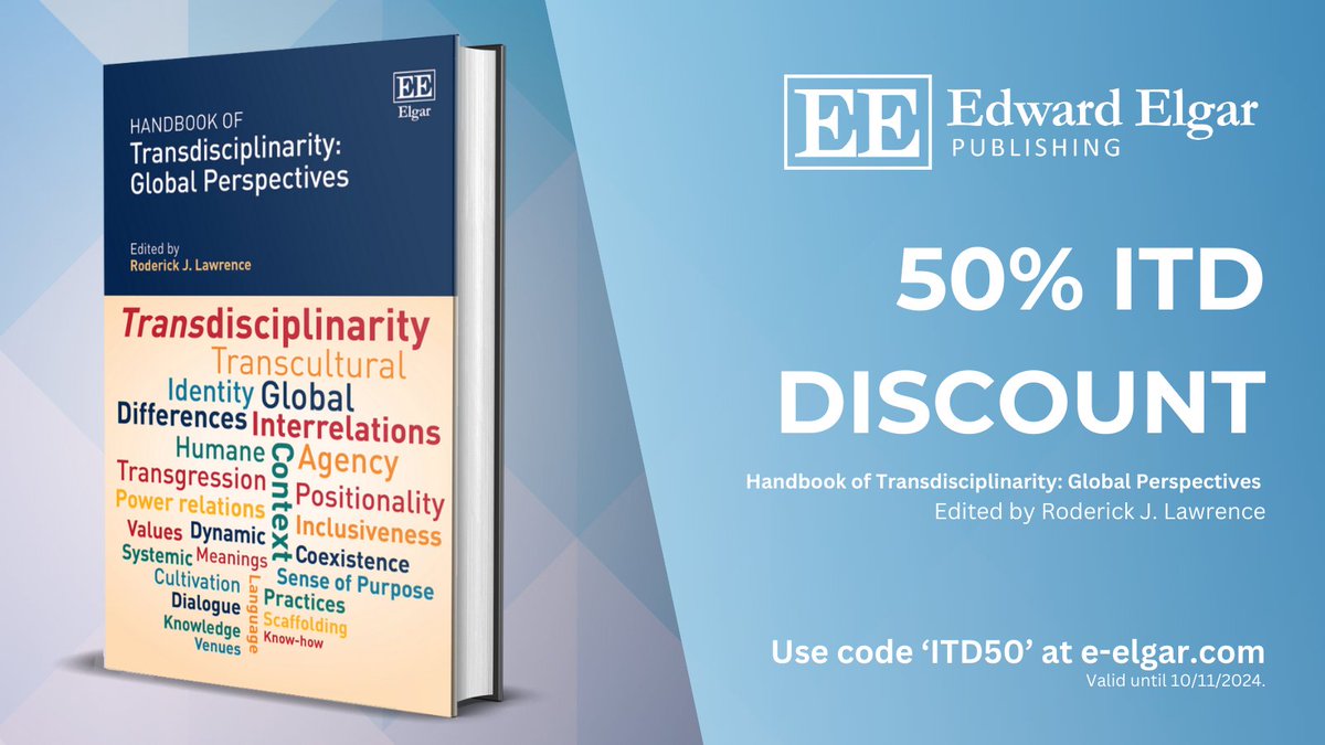 👋Attending #ITD24 between the 4-8 November 2024? 

We are offering 50% off the Handbook of Transdisciplinarity: Global Perspectives by Roderick J. Lawrence 

Use code 'ITD50' at: e-elgar.com/shop/isbn/9781… 

#SocietalChange #Transdisciplinarity
<a href="/itd_alliance/">ITD Alliance</a>
<a href="/tdnetCH/">td-net</a>