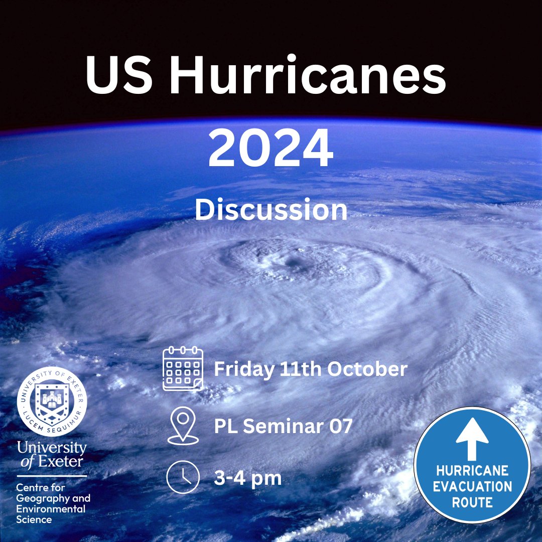 Given recent &amp; ongoing events in the US, our very own Dr Geoff Main is hosting an opportunity to chat about the hurricanes in a relaxed setting. Friday 11th October, 3-4pm, PL Seminar 7. <a href="/UniExeCornwall/">University of Exeter, Cornwall</a> <a href="/UoE_DEES/">Dept. Earth & Env. Sciences, University of Exeter</a> <a href="/HaSSCornwall/">UoE Humanities & Social Sciences Cornwall</a> <a href="/UniofExeterESI/">Uni of Exeter's ESI</a> @ExeterGSES