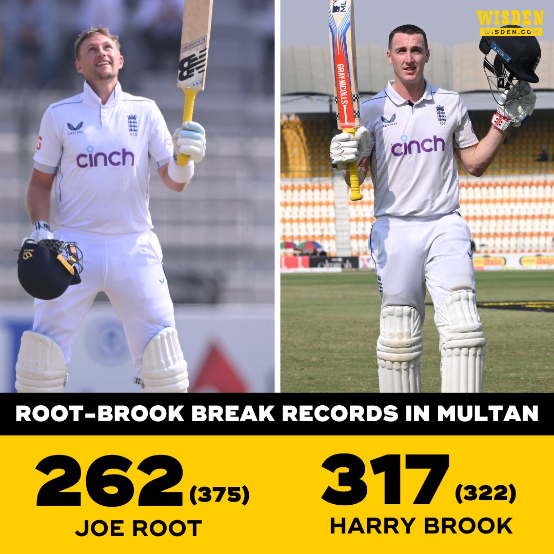 England's highest Test score since World War II ✅
England's highest ever Test partnership ✅
Second fastest Test triple century ✅

Joe Root and Harry Brook powered England to multiple records in Multan 💥

Read here ➡️ wisden.com/series/pakista…