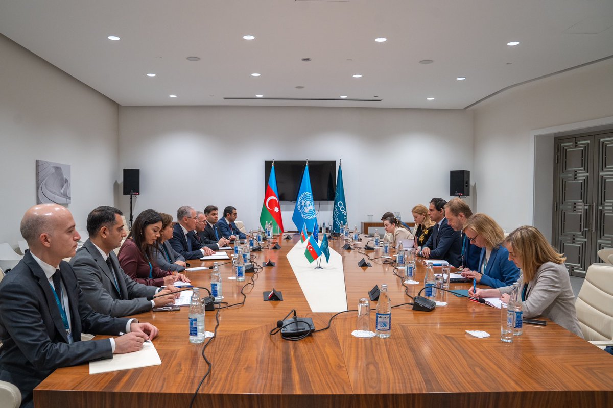 COP29_AZ's tweet photo. The COP29 Presidency was pleased to meet today with @WBHoekstra, European Commissioner for Climate Action, during the Pre-COP meeting in Baku. Pre-COP will serve as an important opportunity for multilateral and bilateral discussion to make negotiating progress before COP29 in November.

#COP29 #COP29Azerbaijan #PreCOP #PreCOP29 #EnhanceAmbition #EnableAction