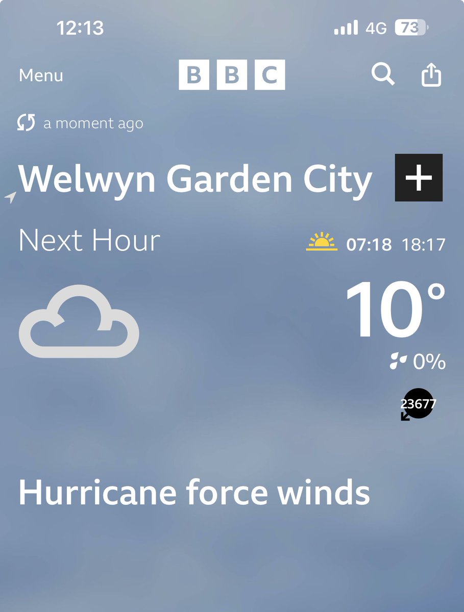 Hurricane force winds at 23677 mph approaching #welwyngardencity in the next hour