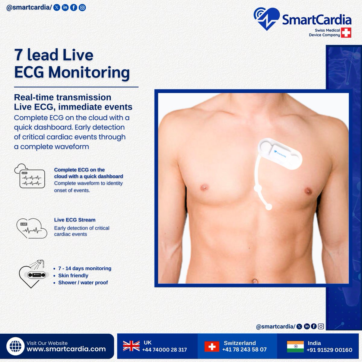Detect arrhythmias earlier and continuously with SmartCardia 7-lead ECG patch.
Syncope patients receive real-time monitoring, detection, diagnostics, and reporting.
#smartcardia #ecg #remotepatientmonitoring #hearthealthrevolution #ecgpatch #livemonitoring #live #cardiac