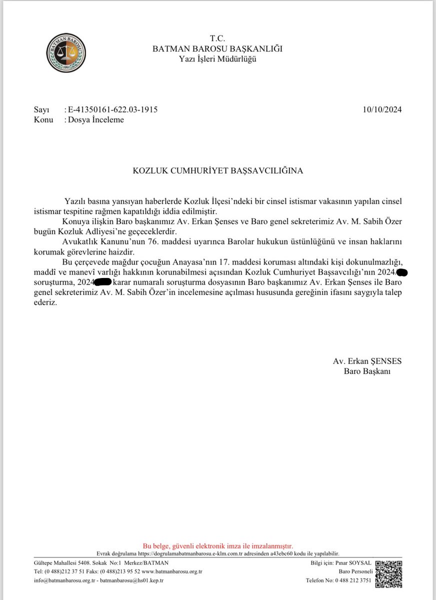 Batman_Barosu's tweet photo. Kamuoyuna yansıyan cinsel istismar vakasına ilişkin bugün Kozluk Adliyesi’ne giderek soruşturma dosyasını incelemek isteyen Baro başkanımız Av. Erkan Şenses ile Baro genel sekreterimiz Av. M. Sabih Özer’e soruşturma dosyası Kozluk C. Savcısı tarafından incelettirilmemiştir. https://t.co/mKOIH5E25e