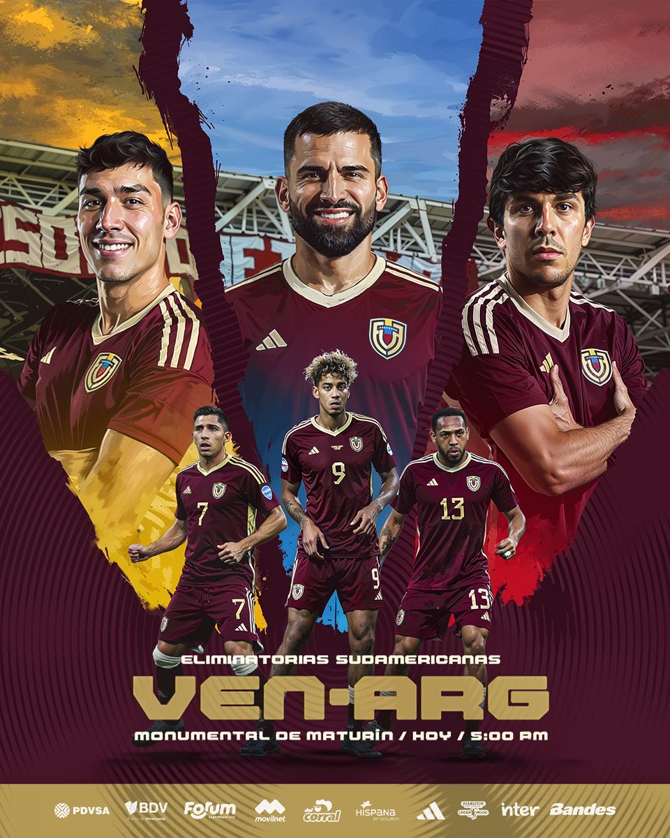 𝐇𝐎𝐘 𝐉𝐔𝐄𝐆𝐀 𝐋𝐀 𝐕𝐈𝐍𝐎𝐓𝐈𝐍𝐓𝐎 🇻🇪

Enfrentamos a Argentina 𝒆𝒏 𝒏𝒖𝒆𝒔𝒕𝒓𝒂 𝒄𝒂𝒔𝒂 por la Fecha 9 de las Eliminatorias Sudamericanas a la Copa Mundial de la FIFA 2026.

🏟️ Estadio Monumental de Maturín
⌚️ 5:00 PM
📺 <a href="/Canal_Televen/">Televen</a> 
📻 <a href="/FMCenterNoticia/">FM Center Es Noticia</a>