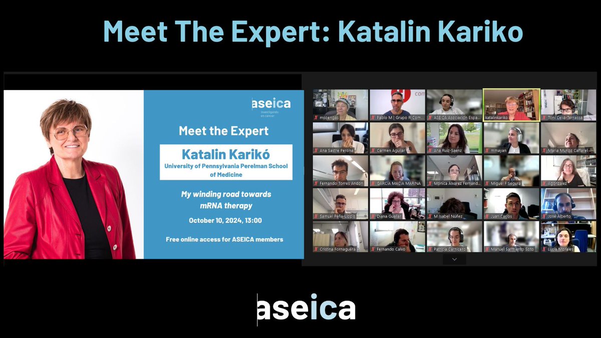 ASEICA (@aseicanews) on Twitter photo ▶️Comienza el esperado MEET THE EXPERT con la
<a href="/NobelPrize/">The Nobel Prize</a> Katalin Kariko (<a href="/kkariko/">Katalin Kariko</a>)(<a href="/Penn/">Penn</a>), hablando su carrera científica.
Palabras de bienvenida por parte de la presidenta de ASEICA <a href="/msmelanoma/">Marisol Soengas</a> y coordinador <a href="/TCeliaTerrassa/">Toni Celia-Terrassa</a>
Más de 100 asistentes ¡Todo un récord!
#ASEICA4You ▶️Comienza el esperado MEET THE EXPERT con la
<a href="/NobelPrize/">The Nobel Prize</a> Katalin Kariko (<a href="/kkariko/">Katalin Kariko</a>)(<a href="/Penn/">Penn</a>), hablando su carrera científica.
Palabras de bienvenida por parte de la presidenta de ASEICA <a href="/msmelanoma/">Marisol Soengas</a> y coordinador <a href="/TCeliaTerrassa/">Toni Celia-Terrassa</a>
Más de 100 asistentes ¡Todo un récord!
#ASEICA4You