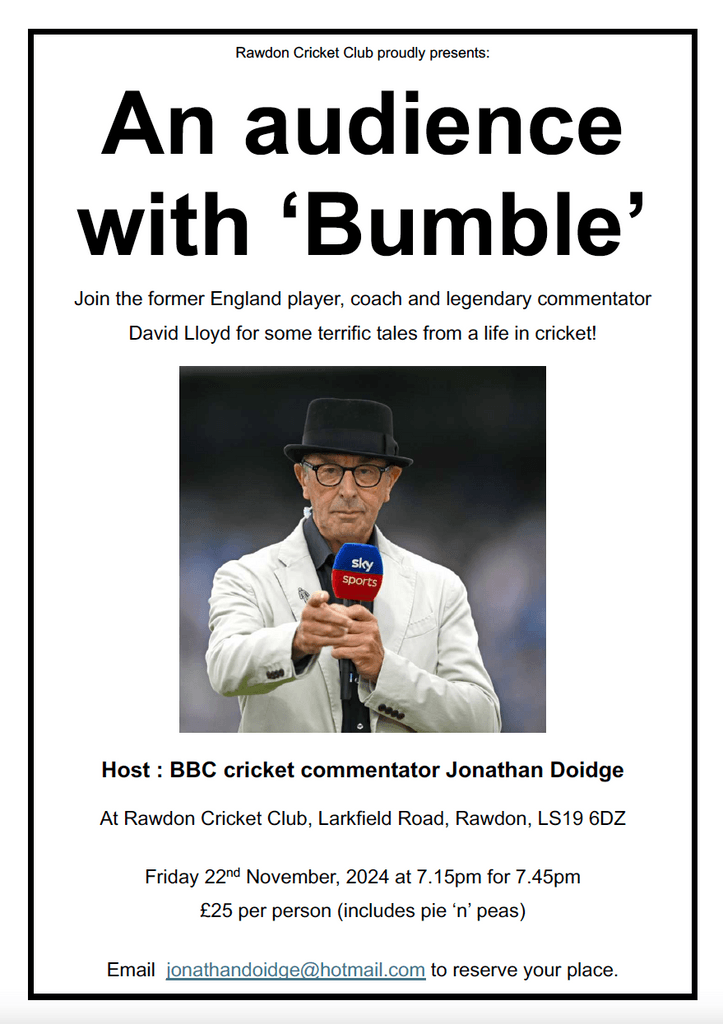 rawdoncc's tweet photo. Rawdon Cricket are proud to announce, an audience with ‘Bumble’ #rcc #rawdoncc
https://t.co/1GrXnISazQ https://t.co/xyUaTMmZ8T