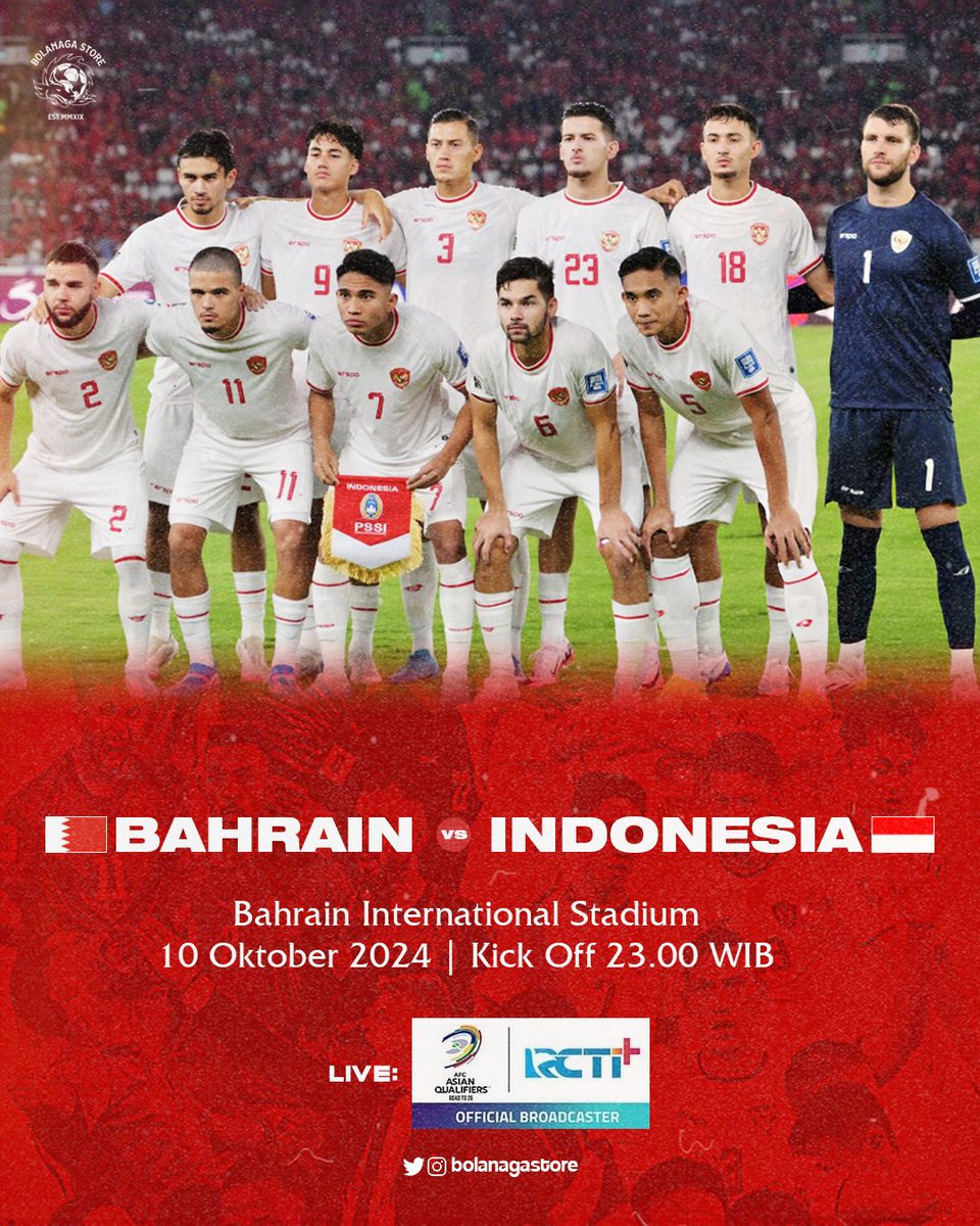 #WCQ2026 #AFCQualifiers Round3 MD3 

MATCHDAY!!!

Bahrain vs Indonesia
Kamis, 10 Oktober 2024
Kick Off 23.00 WIB
Bahrain International Stadium

Live : RCTI

#Timnas #TimnasDay #GarudaMendunia 
<a href="/TimnasIndonesia/">Timnas Indonesia</a>
