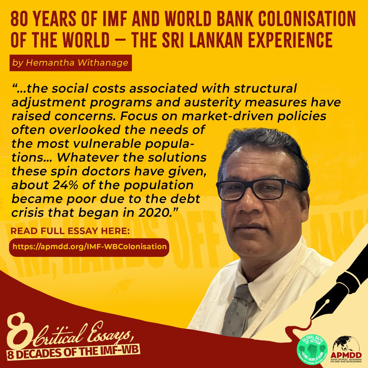 AsianPeoplesMvt's tweet photo. Our second essay in the anthology exposes how IMF-WB's neoliberal policies deepened Sri Lanka's debt crisis and inequality. Time to rethink these harmful financial systems. Read &amp; demand #DebtJustice now! ✊💥

🔗https://t.co/axxibDyYCG

#StopTheHarm
#CancelTheDebt 
#GDoA2024 https://t.co/uQWK3aWjRL