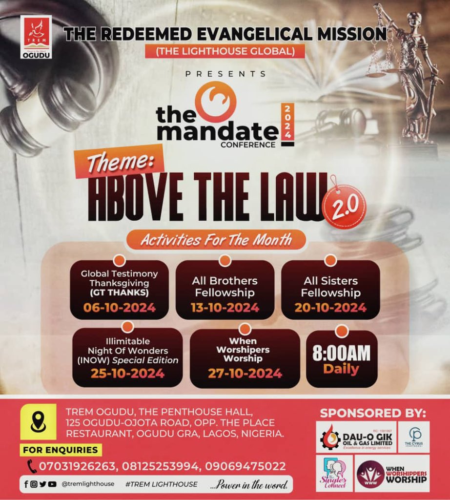 The teaching of the revelation of Jesus that opens us to full disclosure of Christ that makes us to live #AboveTheLaw continues this Sunday October 13, 2024 at #TREMOGUDU by 8am. Come learn to to have a hypostatic union with Christ #TMC2024 #TheMandateConference24 <a href="/drmikeokonkwo/">Bishop Mike Okonkwo</a>