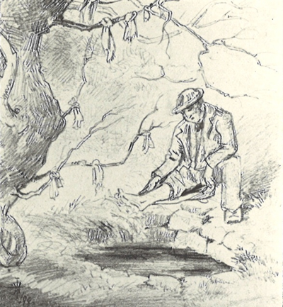 ffynhonnau's tweet photo. Yn Ffynnon Coedrhiglan, Saint Siorys, Bro Morgannwg, arferai cleifion grogi carpiau o’u dillad neu rwymau ar dderwen gerllaw. Credid fod dŵr y ffynnon hon yn arbennig o rinweddol at wella llygaid dolurus, hefyd, ac arferid taflu pinnau i’r dŵr. Darlun o ddechrau'r 20fed ganrif. https://t.co/jjx2IDKg2f