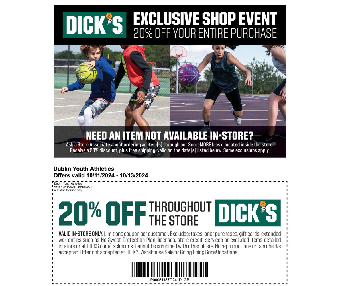Basketball season is starting soon at DYA.  Get to Dick's this weekend and save!  20% off at the Dublin store, Friday (10/11) to Sunday (10/13.