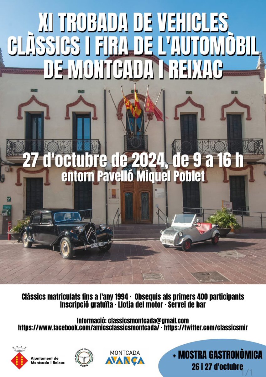🚗 Recordeu que el proper diumenge, 27 d’octubre, arriba la XI Trobada de vehicles clàssics i Fira del l’automòbil de #MontcadaiReixac