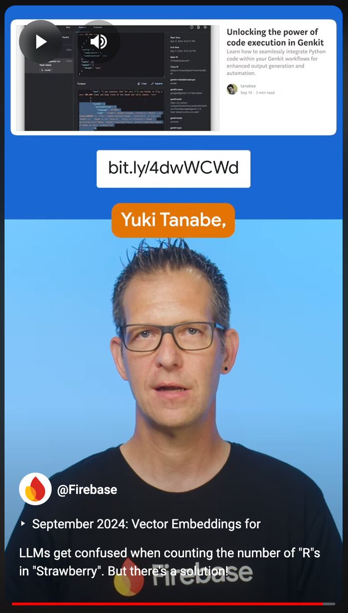 tanabee_en's tweet image. My article on Genkit was featured in a short video on Firebase&apos;s official YouTube channel! Let&apos;s try out Genkit&apos;s Code Execution!

YouTube: youtube.com/shorts/t2I2JDU…
Medium: medium.com/firebase-devel…

#Firebase #Genkit