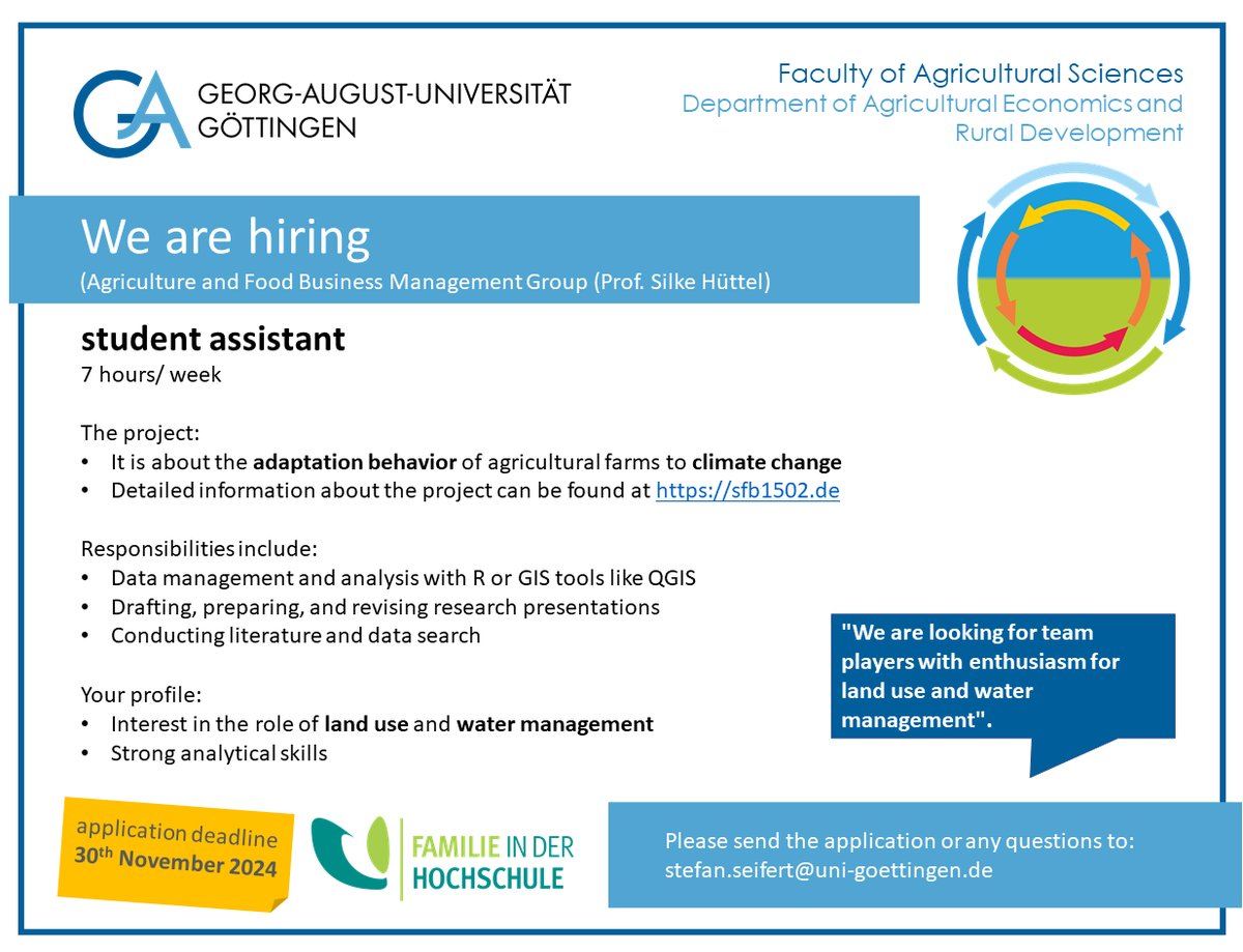 📣 Job opening alert! We are hiring a student assistant in Agricultural Economics at the University of Göttingen

📧 Apply by Nov 30!

🔎More info s.gwdg.de/ZMTY3O