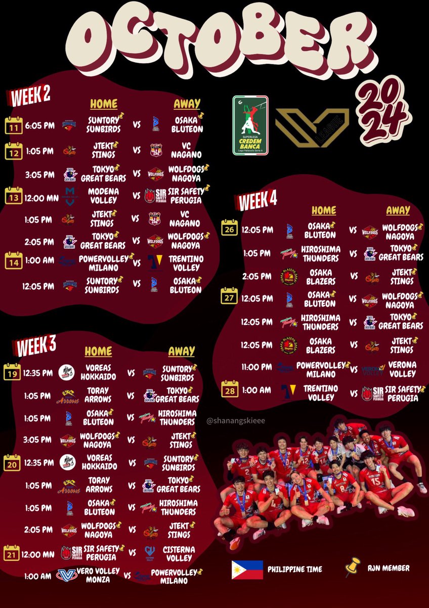 shunxfrei's tweet photo. 📌 MARK YOUR CALENDARS 📌

Here is the schedule of club matches featuring Ryujin Nippon players for the month of October in 🇵🇭 time 

🏐❤️🔥 https://t.co/AfGCX6cmSu
