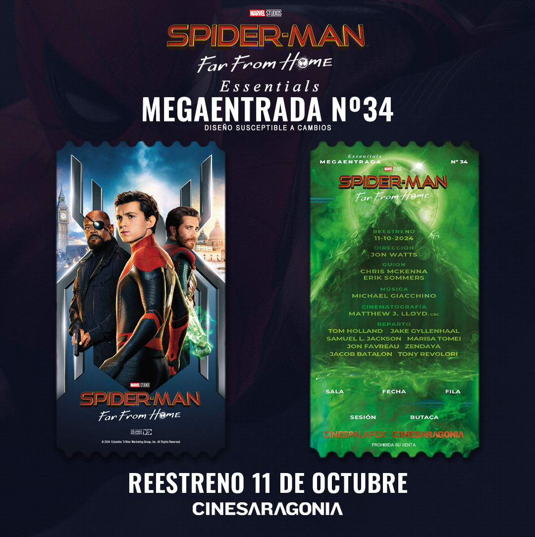 cinespalafox's tweet photo. Desde mañana 11 de octubre, #SpiderMan #FarFromHome #LejosDeCasa regresa a la gran pantalla
Disponible con #megaentrada en Cines Aragonia, no te pierdas la segunda entrega del #SpiderMan de Tom Holland 🕷️
Ya a la venta 🎟️ https://t.co/Qo075qZREE https://t.co/TATwxNLzDq