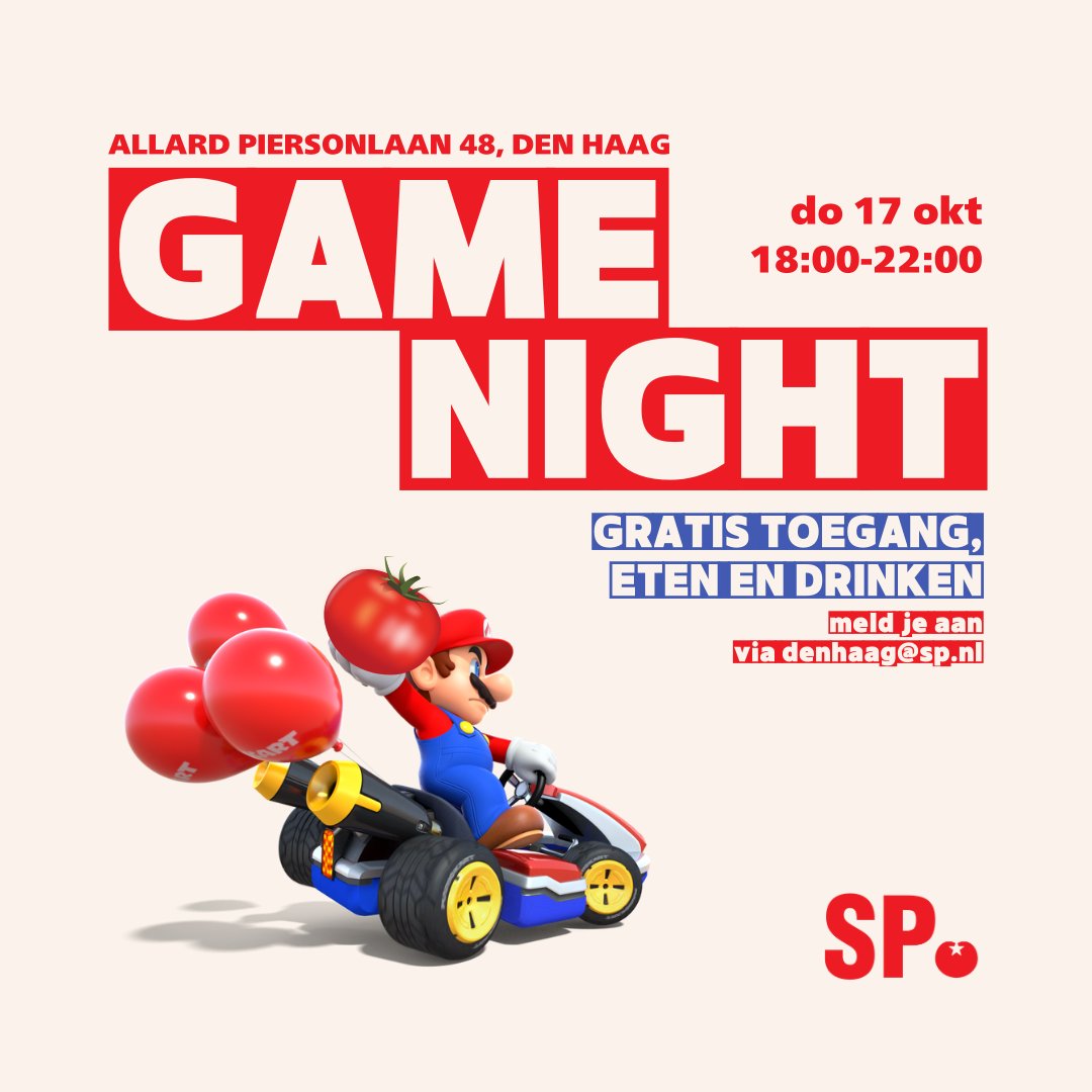 🎮🚨 Game Night in Den Haag! 🚨🎮 Doe mee op 17 oktober vanaf 18:00 in ons SP-pand! 🏎️🍕 Gezellig gamen, eten en drinken! Meld je aan via denhaag@sp.nl 💌
