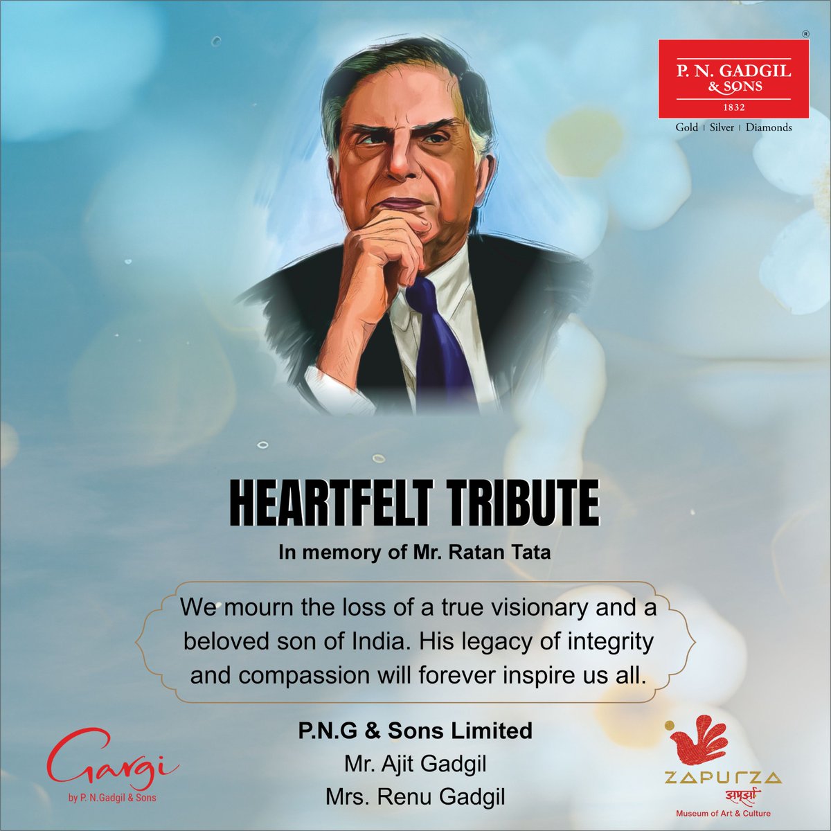 Pngandsons's tweet photo. With heavy heart, we mourn the loss of Mr. Ratan Tata, a true icon of leadership and philanthropy. His contributions to society and the business world were unparalleled, and his compassion for others was evident in everything he did. #RestInPeace  #RatanTataSir https://t.co/uQjG34mWLD