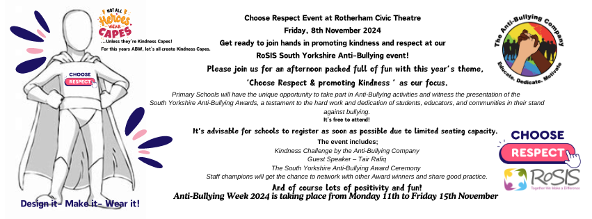 South Yorkshire Primary Schools - launch your #AntiBullyingWeek with us on Friday 8th November!
Please book your FREE places now and join us for an afternoon full of positivity and inspiration.
<a href="/RoSIS_1/">RoSIS</a> <a href="/ForgeCPD/">ForgeCPD</a> <a href="/ABAonline/">Anti-Bullying Alliance #AntiBullyingWeek</a>