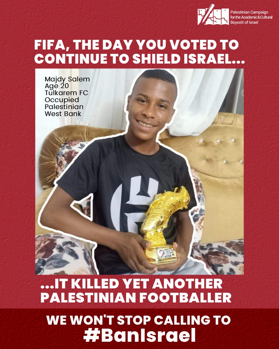 belowZeroSix's tweet image. The same day corrupt FIFA voted to delay justice for Palestinians, apartheid Israel killed Palestinian footballer Majdy Salem (20) in the occupied West Bank.

@FIFAcom, we won't stop calling to #BanIsrael.

#NationsLeague #IsrFra  ctt.ec/cgmQc+