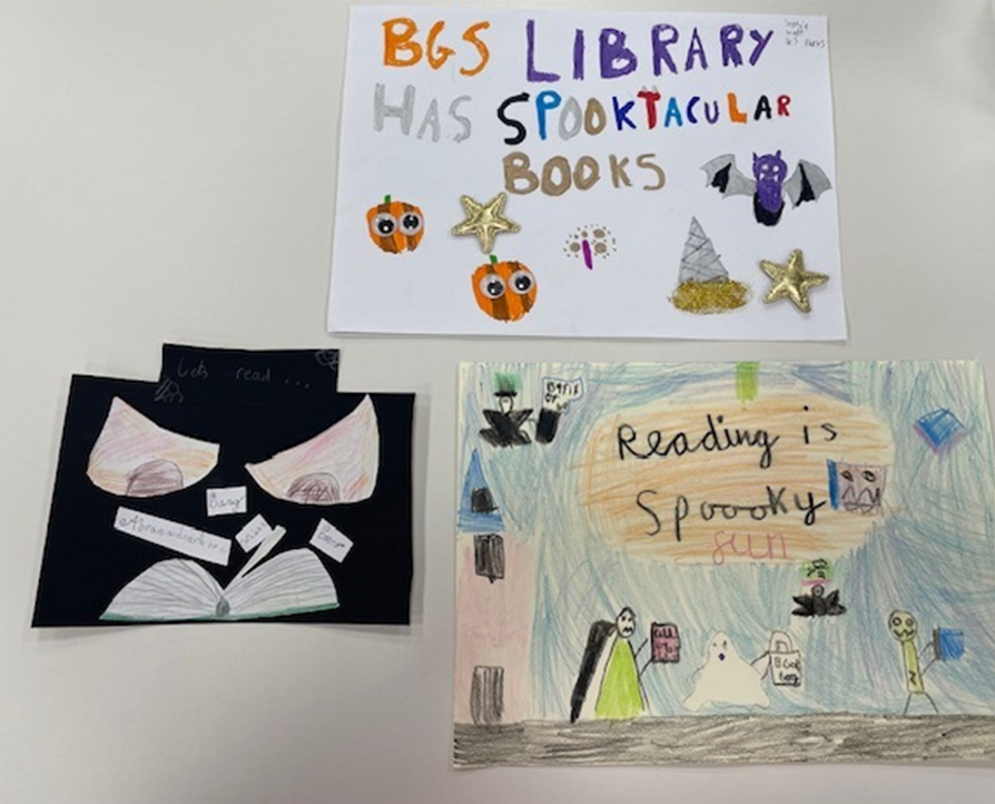 BGS_LRC's tweet photo. Congratulations to our Junior School "Halloween Poster - Promoting Reading" winners: Sophia Watt 4S, Alisha &amp; Sakinah in 5W and Isabelle Smith and the librarians personal favourite Mahnoor Umer 6P for her "Brains need Books". https://t.co/9VNkFOK3Wq