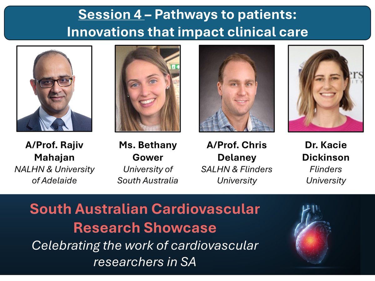 We will close with innovations that impact clinical care featuring @rajiv_EP <a href="/UniofAdelaide/">Uni of Adelaide</a>, <a href="/BethanyGower/">Bethany Gower</a> <a href="/UniversitySA/">UniSA</a>, A/Prof. Chris Delaney &amp; <a href="/KacieDickinson/">Kacie Dickinson</a> <a href="/Flinders/">Flinders University</a> <a href="/heartfoundation/">Heart Foundation</a>