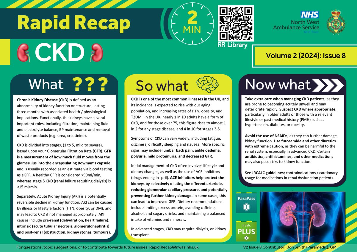 🚑🚨#RapidRecap, this time exploring Chronic Kidney Disease - a quick review of key points. Is it AKI? What's the difference? And what interventions should we be cautious of? See #JRCALC &amp; #ParaPass for more...  #studentparamedic #nurse #studentnurse #ambulance #FOAMed #paramedic