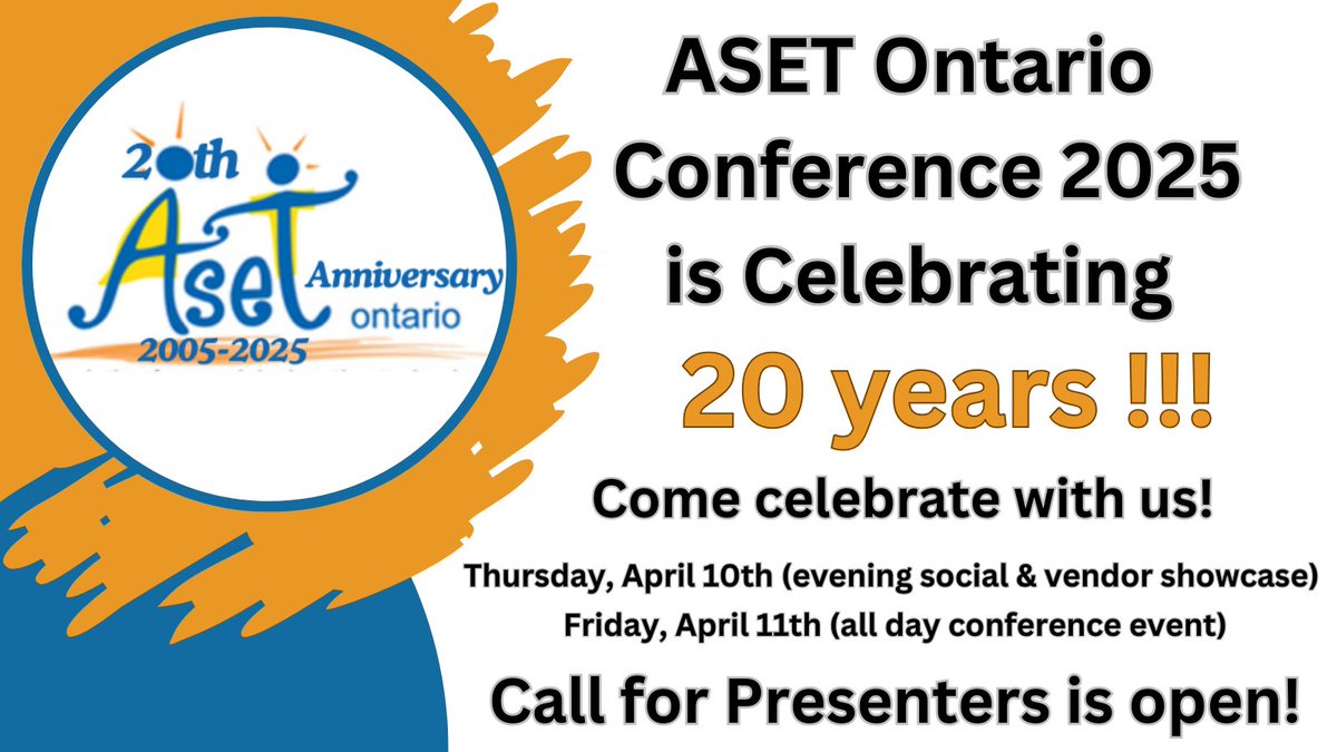 The Call for Proposals for #ASET2025 is now open!!!  Come &amp; celebrate 20 years of ASET &amp; share your expertise at this amazing conference!  aset-ontario.ca For more information on being a presenter,  visit forms.gle/sWGkoCU7HY9PPn…  #onted  #AssistiveTechnology #Inclusion