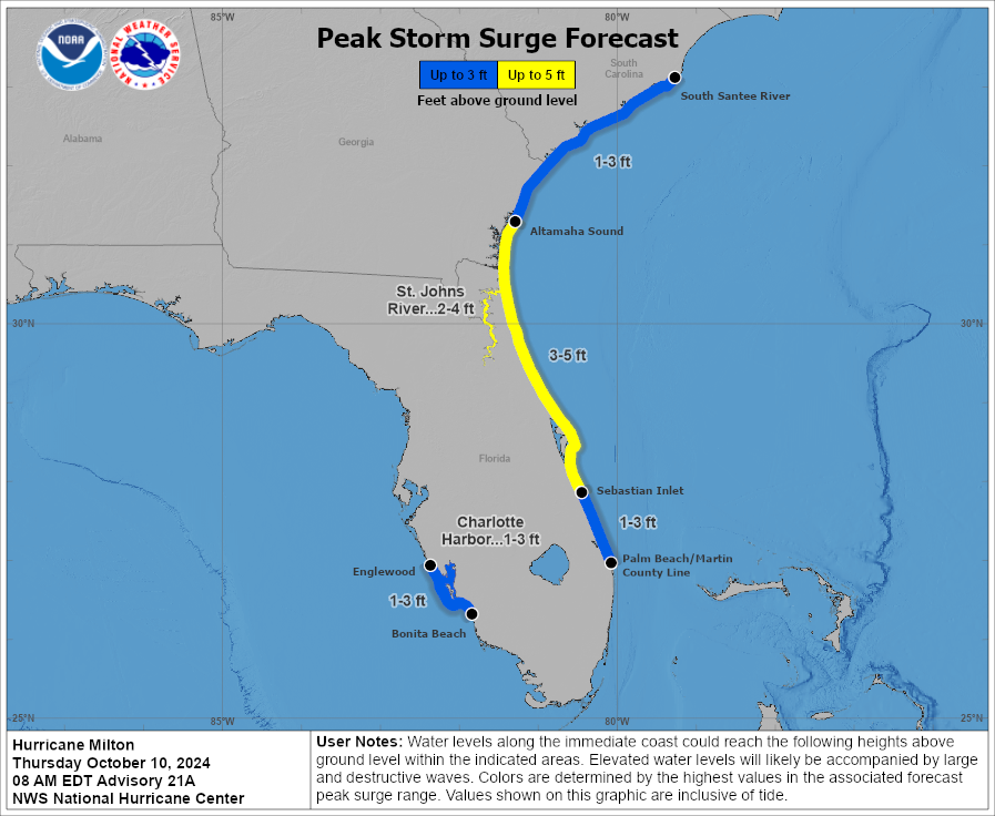 NHC_Surge's tweet image. 10/10 8am EDT: The Storm Surge Warning along the Florida west coast has been discontinued.
There is a danger of life-threatening storm surge from #Milton along the coast from east-central Florida northward to southern Georgia, where a Storm Surge Warning remains in effect.