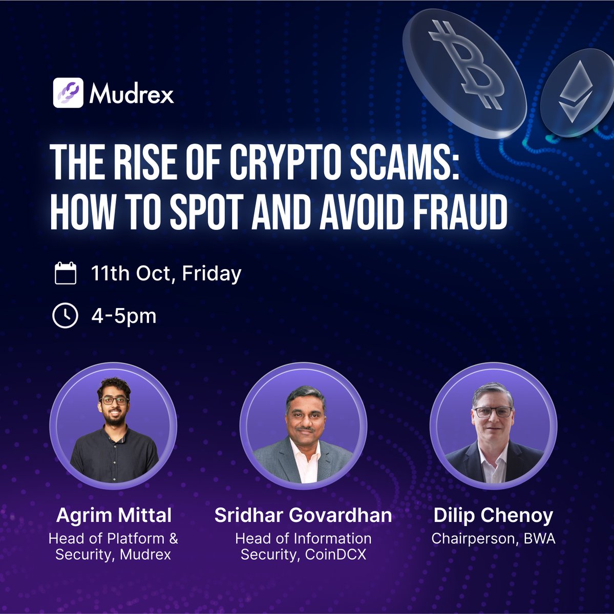 🔐 Master Crypto Security with Industry Experts! Join leaders from  @officialmudrex, @BWA_Ind & @CoinDCX to learn: ➣ Latest crypto scams ➣ Red  flags to watch ➣ Security best practices 🚨Register now:  https://t.co/a9zZ6akCvp