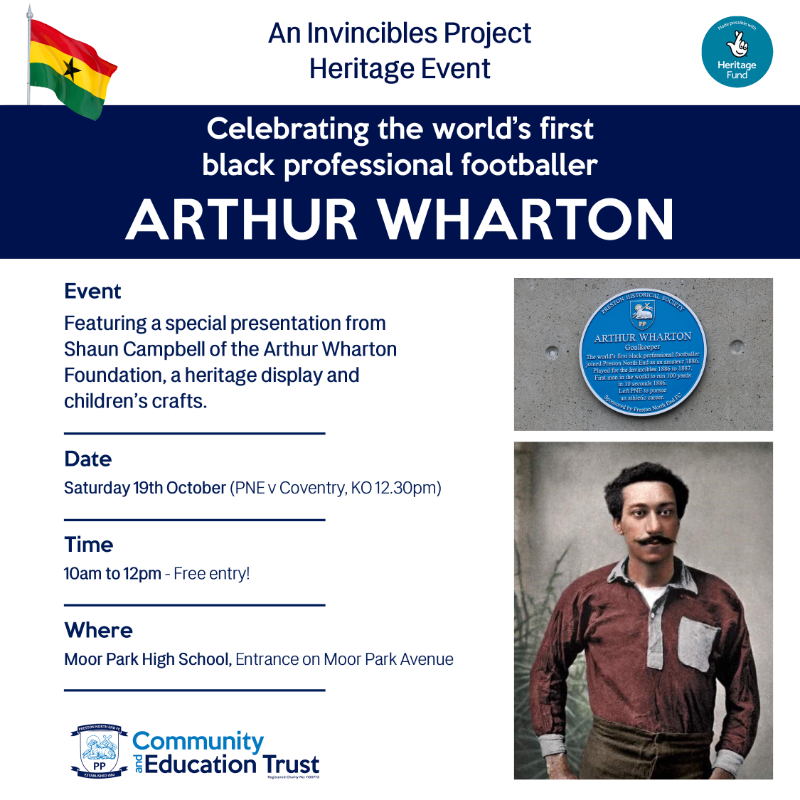 🇬🇭 In honour of Black History Month, we're celebrating the world's first Black professional footballer, Arthur Wharton! Join us for a special heritage event on 19th Oct. at Moor Park High School.

Entry is free, but space is limited so arrive early.

#PNECET | #PNEHeritage