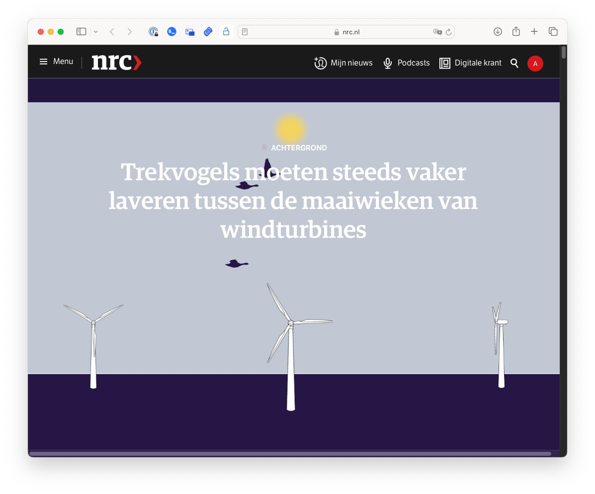 It's a special day when the newspaper you grew up with translates your latest research into a beautiful interactive. “Trekvogels moeten steeds vaker laveren tussen de maaiwieken van windturbines” in <a href="/nrc/">NRC</a> nrc.nl/nieuws/2024/10… <a href="/IBED_UvA/">IBED</a> <a href="/UvA_Amsterdam/">UvA Amsterdam</a>